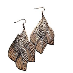 Silver Alloy Layered Leaves Dangle Earrings